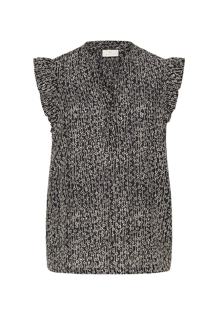 Schwarze ärmellose Bluse mit einem strukturierten weißen Muster, ausgestattet mit einer durchgehenden Knopfleiste und Volantsäulen. Leichter Stoff.