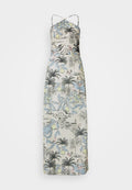 Maxikleid mit dünnen Trägern, aus einem hellen Stoff mit einem botanischen und Landschaftsprint in Pastellfarben.