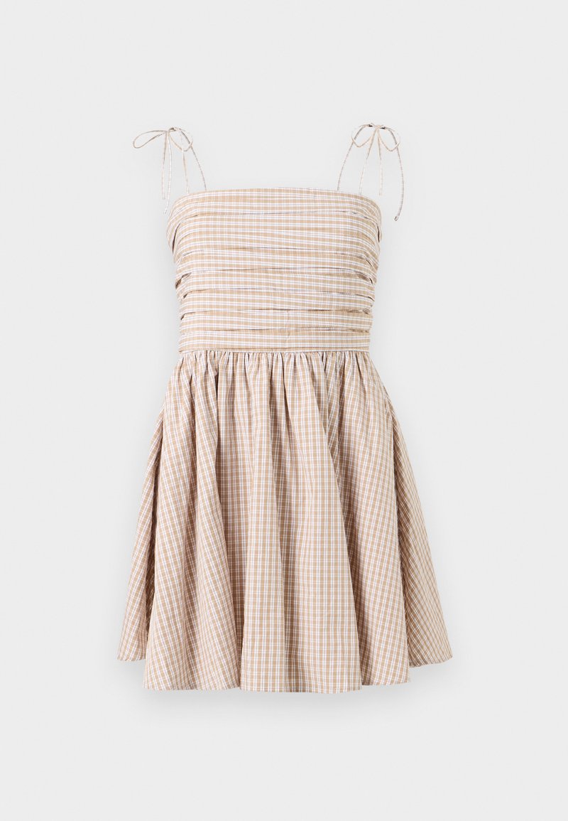 Kleider im Gingham-Check-Muster in Beige und Weiß, mit einem gerafften Mieder, verstellbaren Bindebändern und einem ausgestellten Rock.