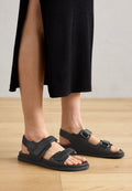 Schwarze Ledersandalen mit zwei verstellbaren Riemen, flacher Sohle und offenem Zehendesign, das eine glatte Textur und minimalistischen Stil zeigt.