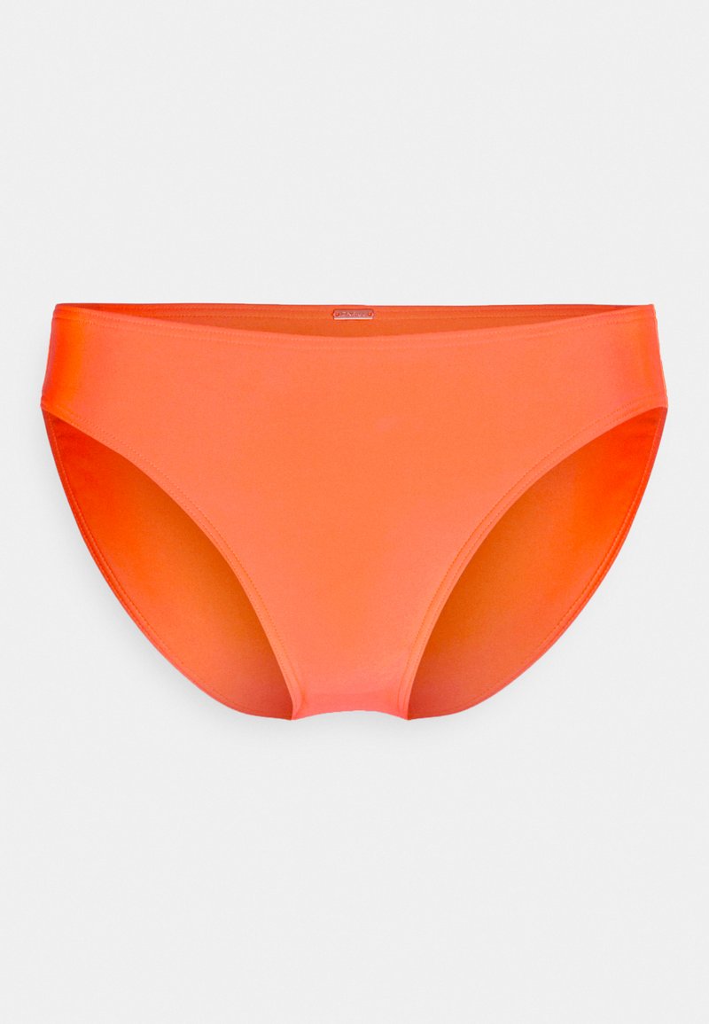 Orangene Bikini-Unterteile mit glatter Textur, mittelhohem Schnitt und minimalistischem Design. Keine sichtbaren Muster oder Hardware-Details.