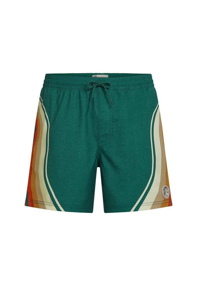 Grüne Badeshorts mit strukturierter Oberfläche, versehen mit mehrfarbigen wellenförmigen Akzenten in Orange, Beige und Dunkelblau, sowie einem elastischen Bund mit Kordelzug.