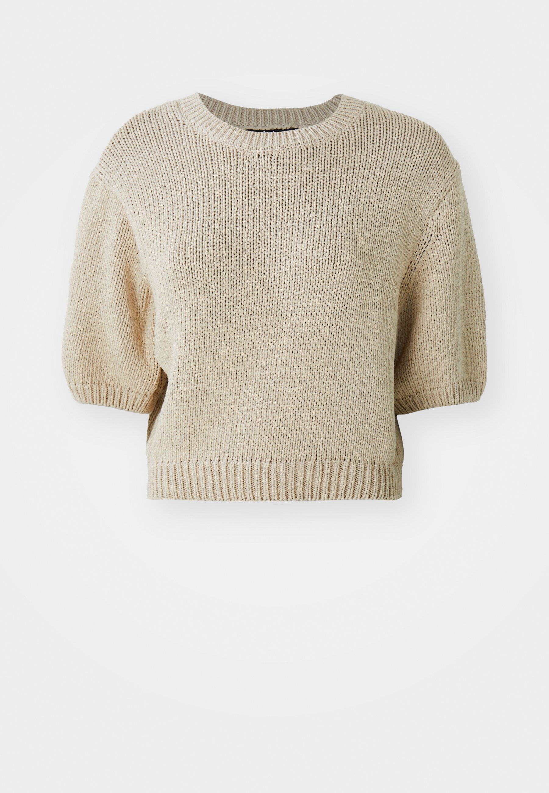Beige gestrickter Kurzarmpullover mit Rundhalsausschnitt. Verfügt über ein strukturiertes, lockeres Gewebe und gerippte Abschlüsse für eine strukturierte Passform.