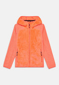 Fleecegefütterte Jacke mit Reißverschluss vorne in leuchtendem Orange, mit strukturiertem Kapuzen- und Körperbereich, seitlichen Taschen und kontrastierenden gewebten Ärmeln.