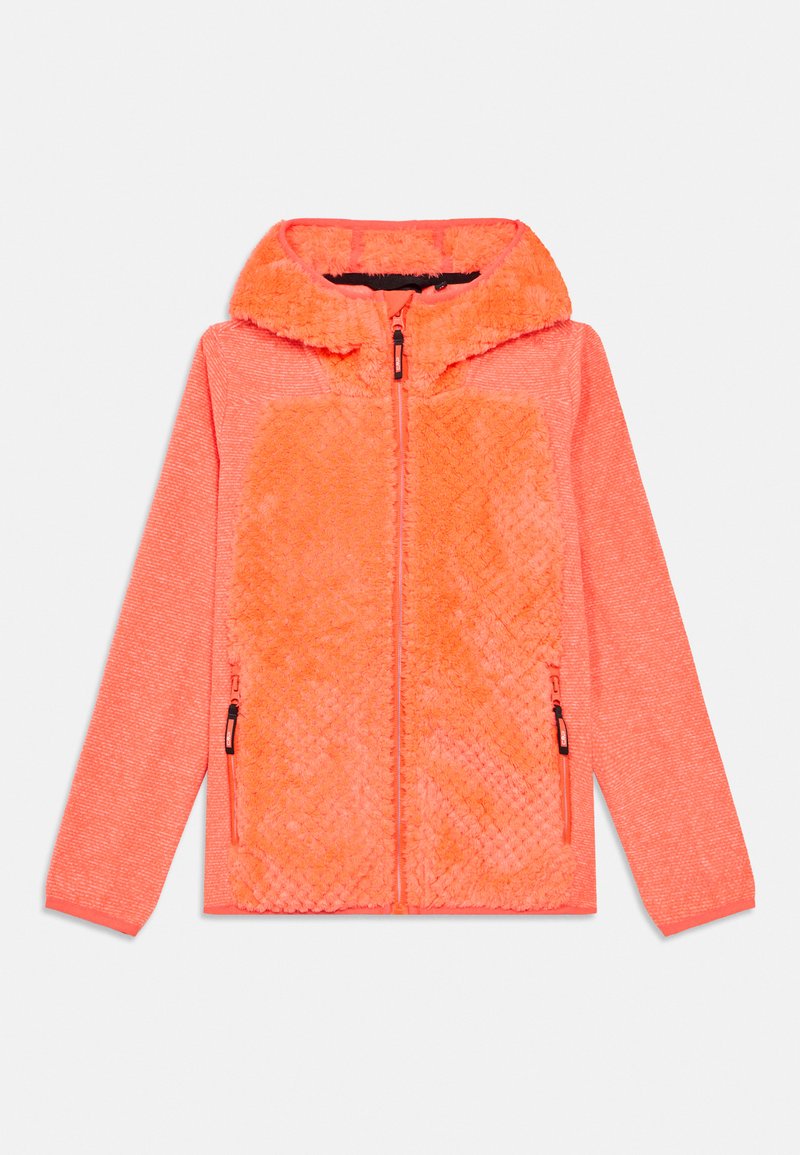 Fleecegefütterte Jacke mit Reißverschluss vorne in leuchtendem Orange, mit strukturiertem Kapuzen- und Körperbereich, seitlichen Taschen und kontrastierenden gewebten Ärmeln.