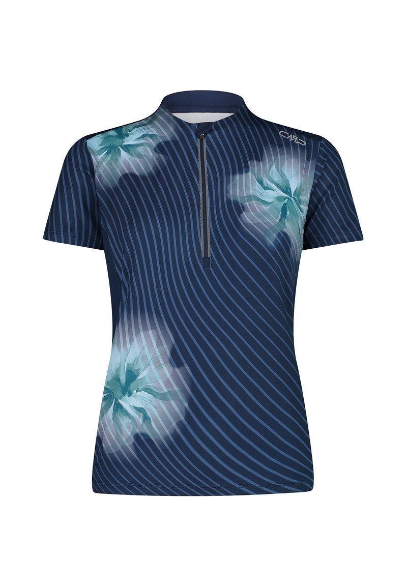 Kurzarm, navyblaues Sportoberteil mit einem halben Reißverschluss. Mit wellenförmigen weißen Streifen und großen hellblauen Blumenmustern auf der Vorderseite.