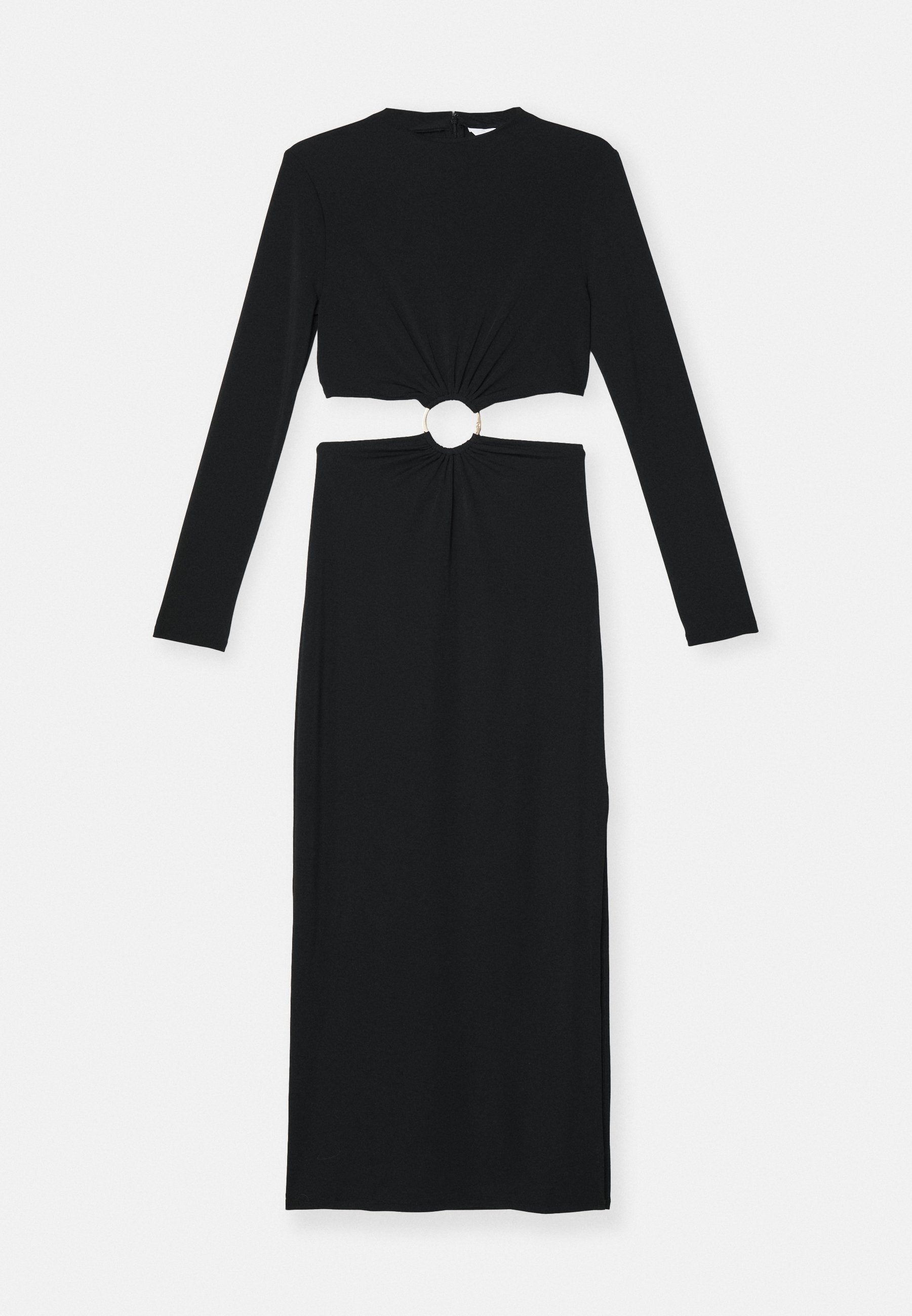 Schwarzes langärmeliges Kleid mit einem geknoteten Design an der Taille und einem kreisförmigen metallischen Akzent, aus glattem Stoff mit bodenlangem Schnitt.