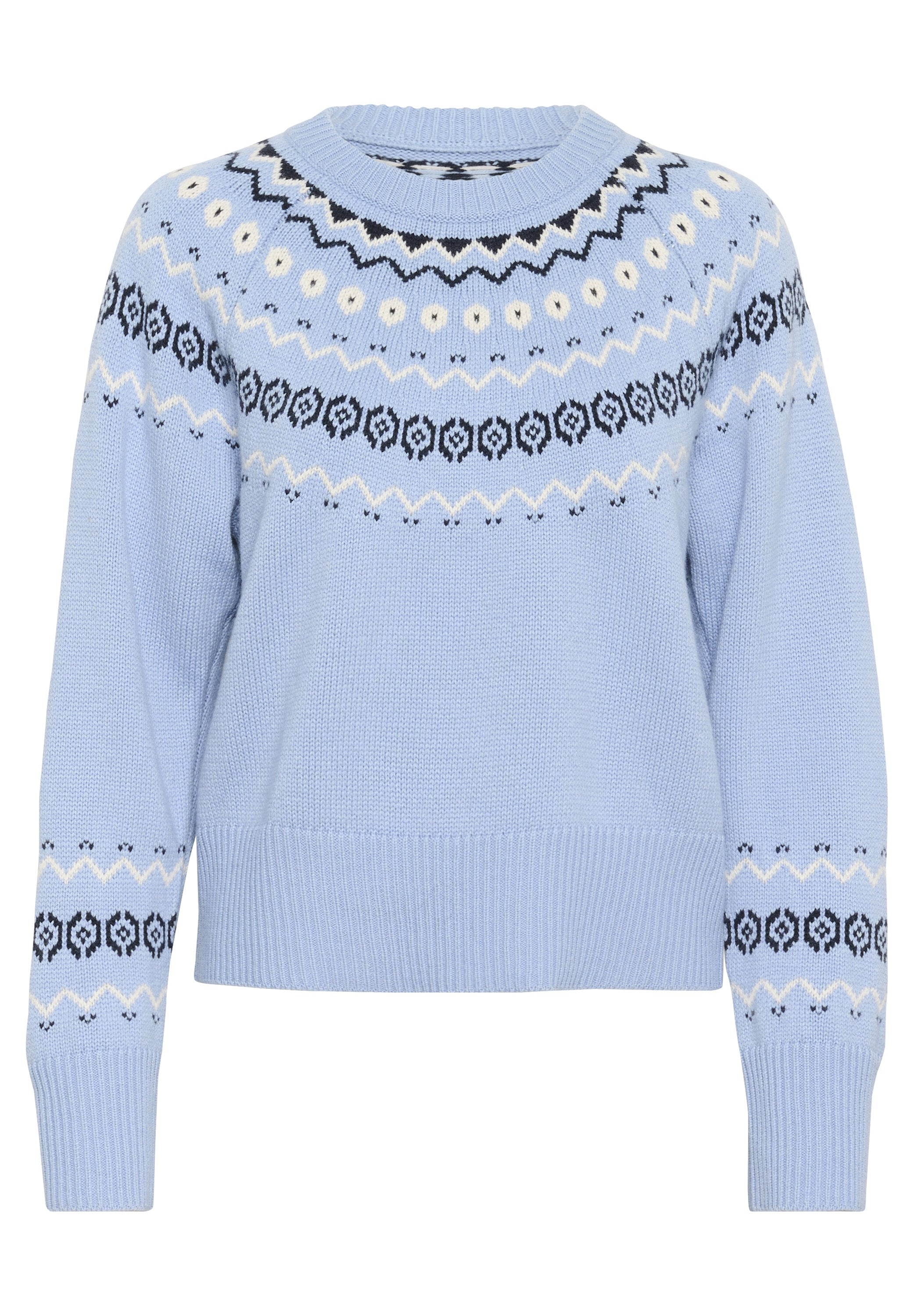 Hellblauer Pullover mit rundem Ausschnitt, der mit gemusterten Akzenten in Schwarz und Weiß versehen ist. Gerippte Bündchen und Saum, weicher Stoff und lässige Passform.