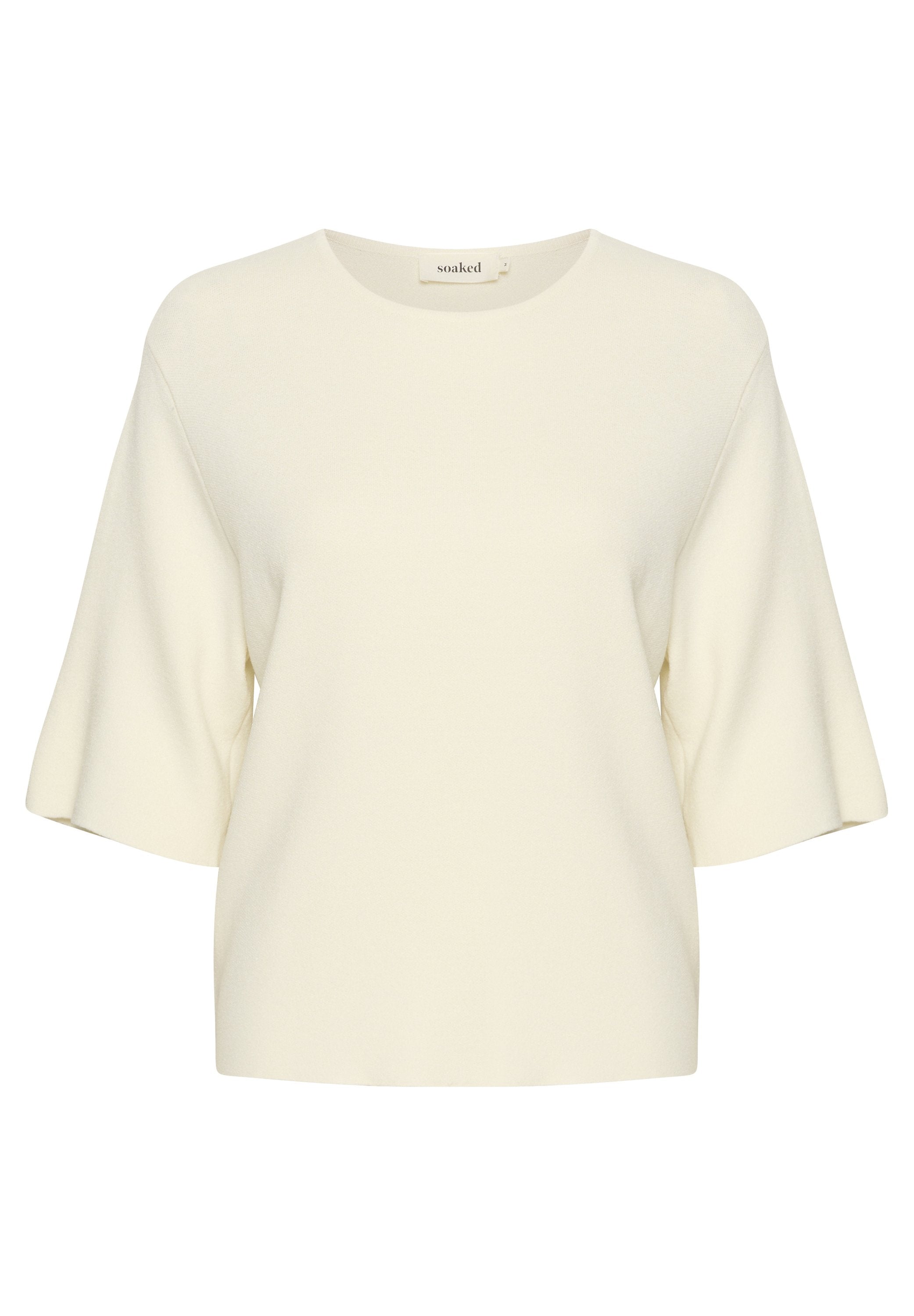 Lockere, crèmefarbene Bluse mit kurzen, ausgestellt geschnittenen Ärmeln und rundem Halsauschnitt. Weicher Stoff, minimalistisches Design, keine Muster oder Verzierungen.