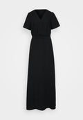 Schwarzes langes Kleid mit V-Ausschnitt und kurzen Ärmeln. Aus strukturiertem Stoff gefertigt, verfügt es über einen elastischen Bund und einen schwingenden Rock.