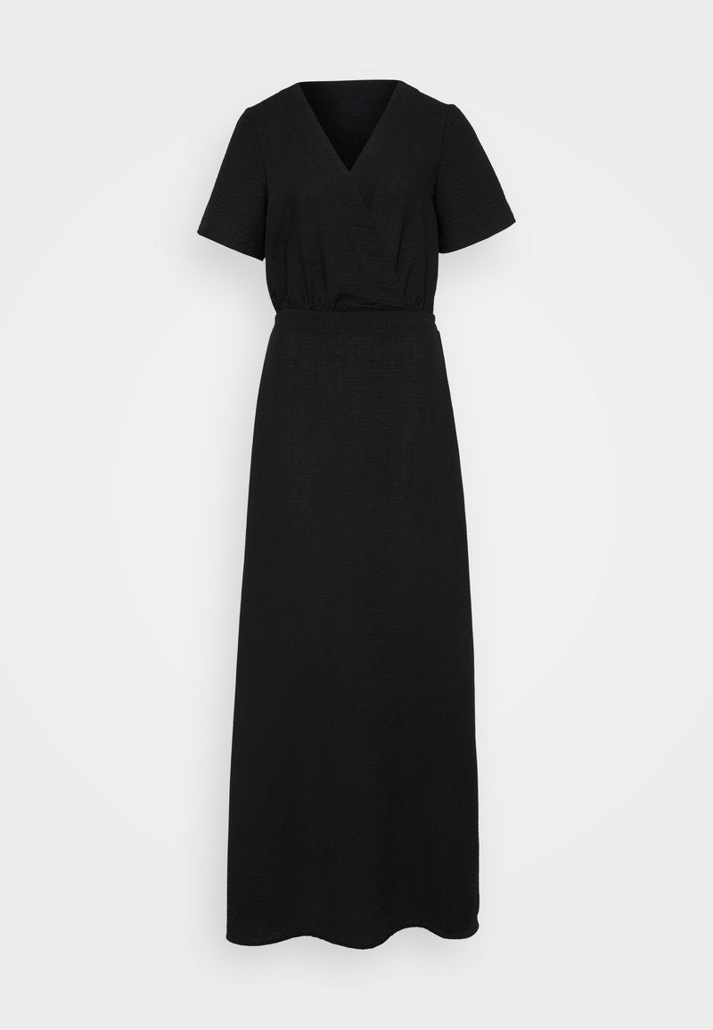 Schwarzes langes Kleid mit V-Ausschnitt und kurzen Ärmeln. Aus strukturiertem Stoff gefertigt, verfügt es über einen elastischen Bund und einen schwingenden Rock.