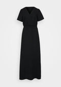 Schwarzes langes Kleid mit V-Ausschnitt und kurzen Ärmeln. Aus strukturiertem Stoff gefertigt, verfügt es über einen elastischen Bund und einen schwingenden Rock.