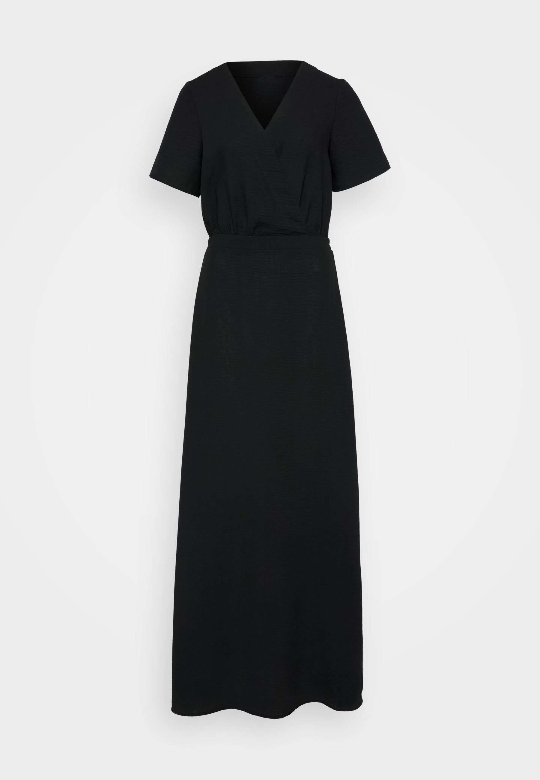 Schwarzes langes Kleid mit V-Ausschnitt und kurzen Ärmeln. Aus strukturiertem Stoff gefertigt, verfügt es über einen elastischen Bund und einen schwingenden Rock.