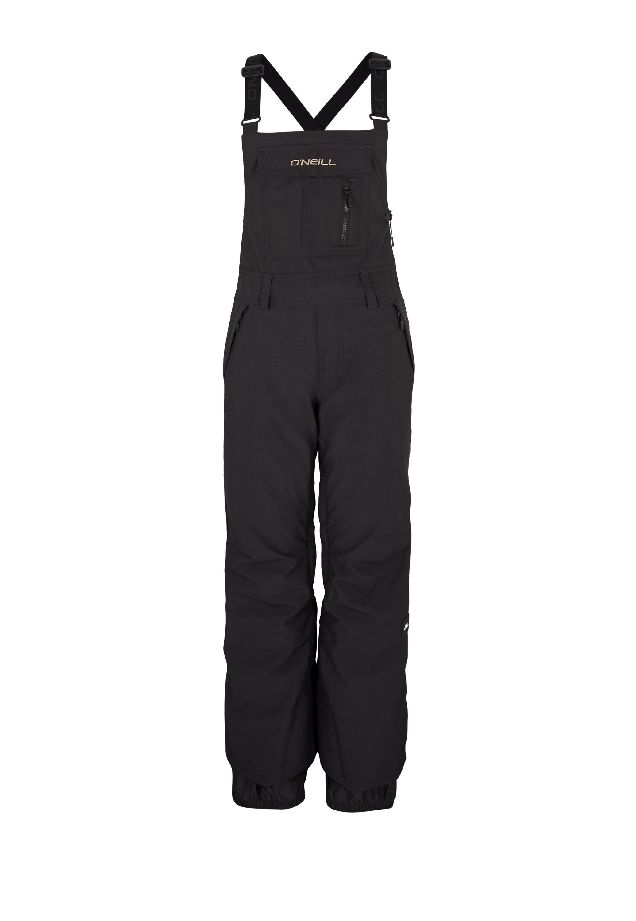 Schwarze Schneehosen aus wasserdichtem Material, mit verstellbaren Trägern, Reißverschluss-Taschen und elastischen Bündchen an den Knöcheln.
