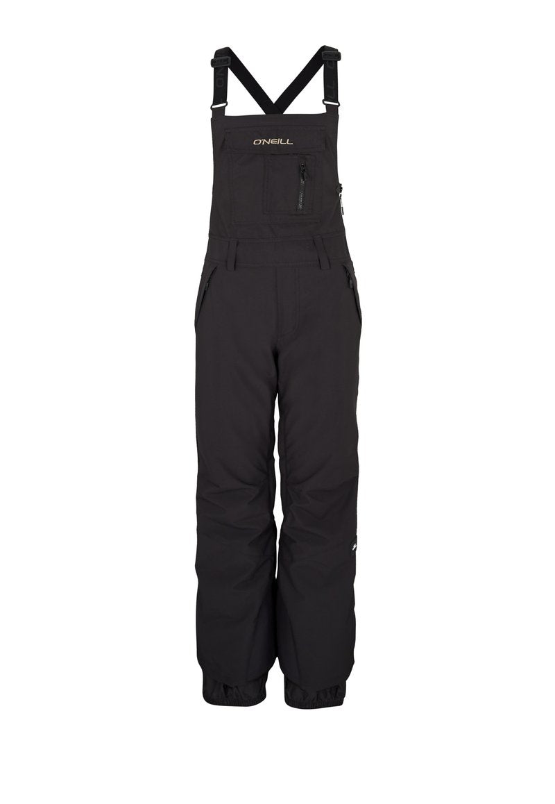 Schwarze Schneehosen aus wasserdichtem Material, mit verstellbaren Trägern, Reißverschluss-Taschen und elastischen Bündchen an den Knöcheln.