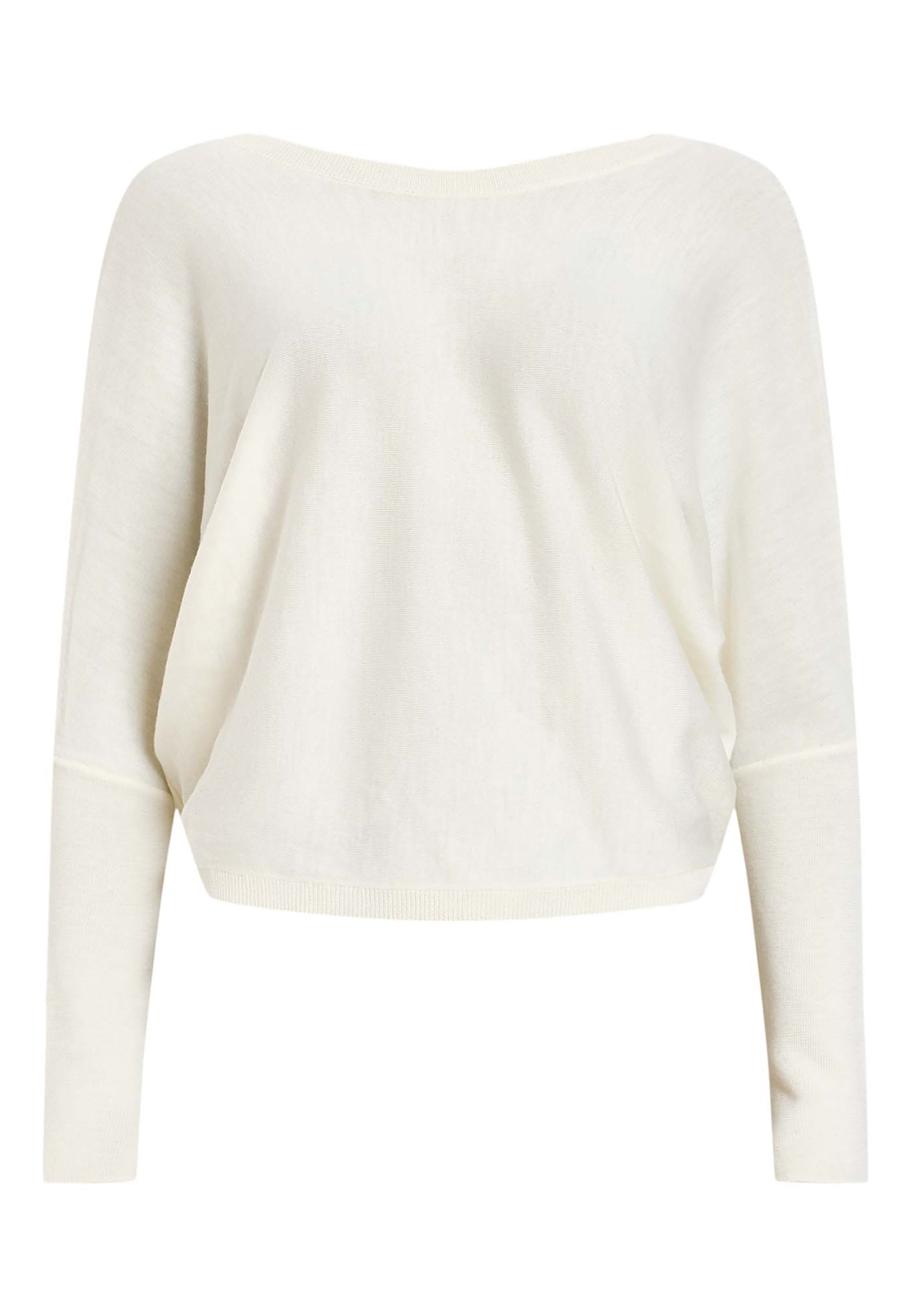 Cremfarbener, leichter Strickpullover mit lockerer, boxy Passform. Verfügt über lange Ärmel und einen weiten Halsauschnitt, mit gerippten Saumdetails.