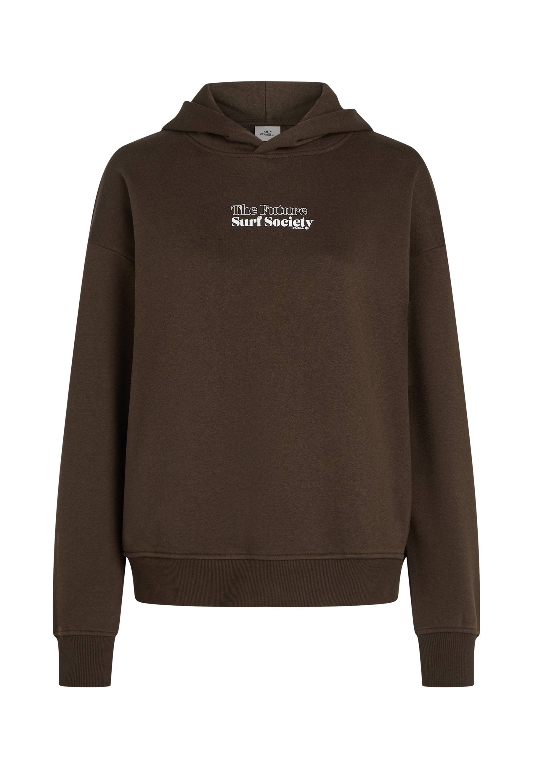 Brauner Kapuzenpullover mit dem Vordertext "Die Zukunft Surf Gesellschaft" in Weiß, langen Ärmeln, gerippten Bündchen und Saum.