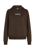 Brauner Kapuzenpullover mit dem Vordertext "Die Zukunft Surf Gesellschaft" in Weiß, langen Ärmeln, gerippten Bündchen und Saum.
