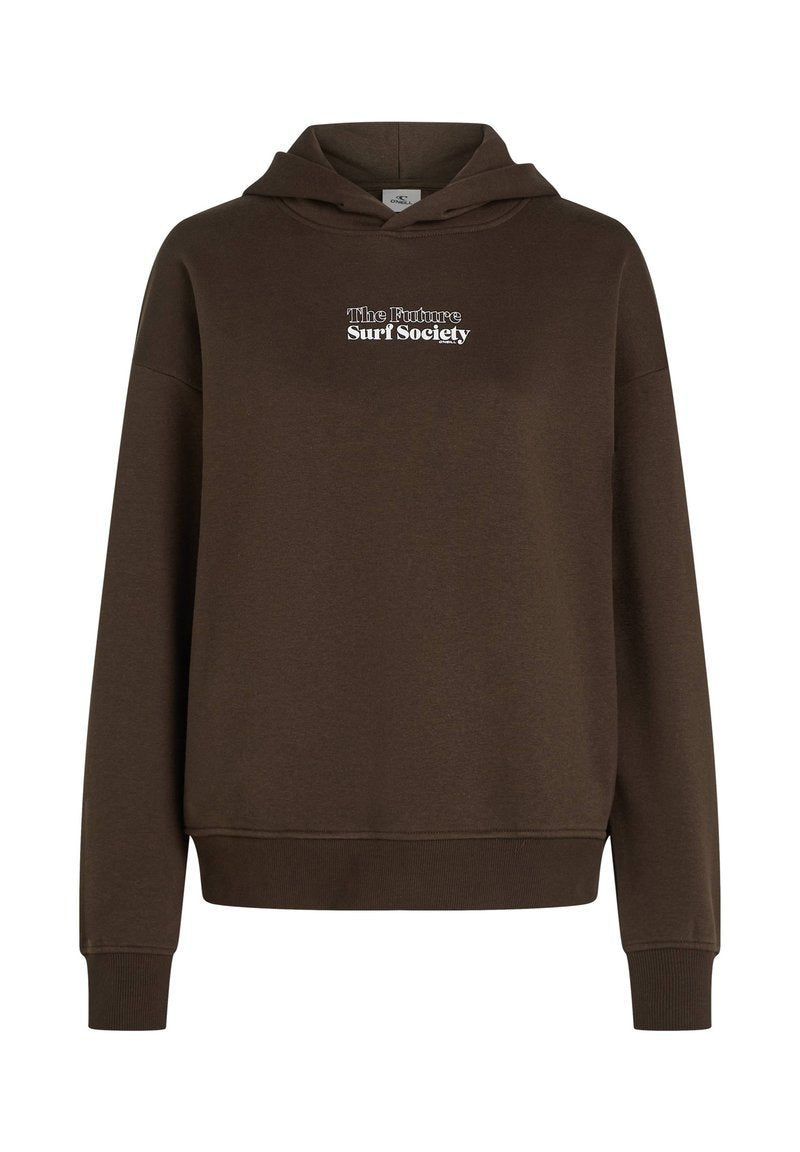 Brauner Kapuzenpullover mit dem Vordertext "Die Zukunft Surf Gesellschaft" in Weiß, langen Ärmeln, gerippten Bündchen und Saum.