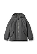 Graue Jacke mit Kapuze, elastischen Bündchen und zwei Fronttaschen. Verfügt über einen durchgehenden Reißverschluss und ein weiches Innenfutter.