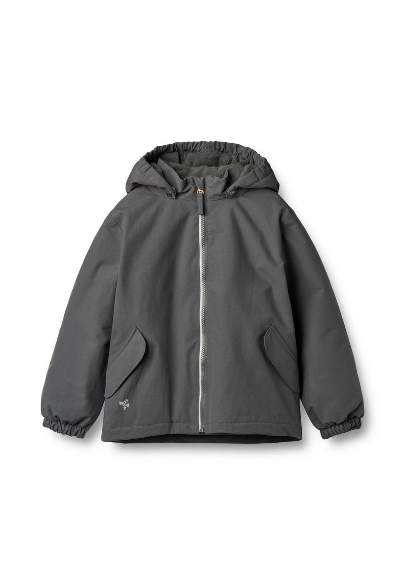 Graue Jacke mit Kapuze, elastischen Bündchen und zwei Fronttaschen. Verfügt über einen durchgehenden Reißverschluss und ein weiches Innenfutter.