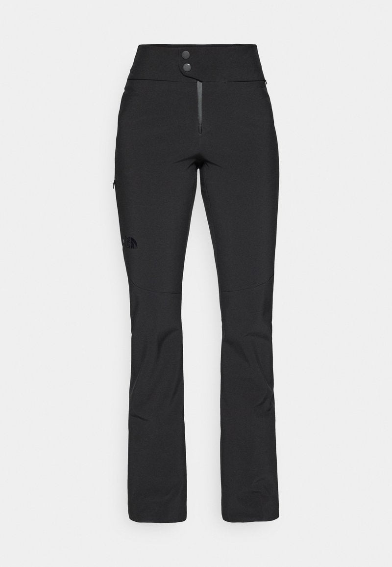 Schwarze Outdoor-Hosen aus dehnbarem Material, mit hoher Taille, zwei Knöpfen, einer Reißverschlusstasche und einem Logo am unteren Bein.