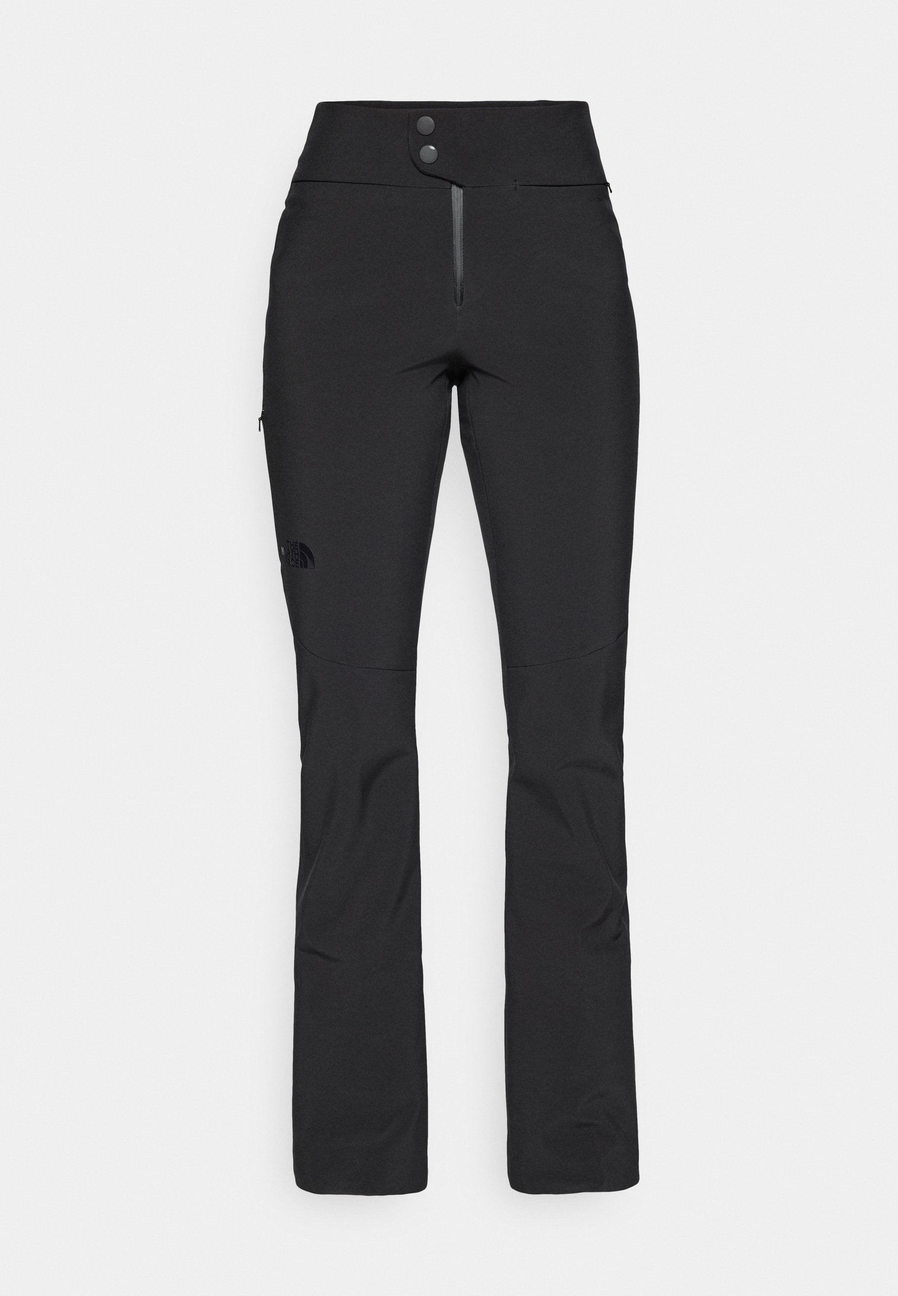 Schwarze Outdoor-Hosen aus dehnbarem Material, mit hoher Taille, zwei Knöpfen, einer Reißverschlusstasche und einem Logo am unteren Bein.