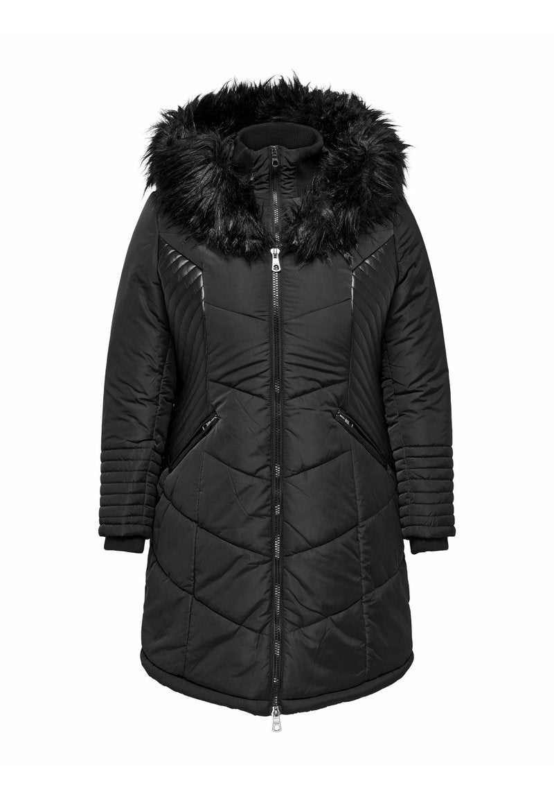 Schwarze gepolsterte Jacke mit einer Kapuze aus Kunstfellbesatz, gestepptem Design, Reißverschluss und zwei Fronttaschen. Texturierte Ärmel mit gerippten Manschetten.