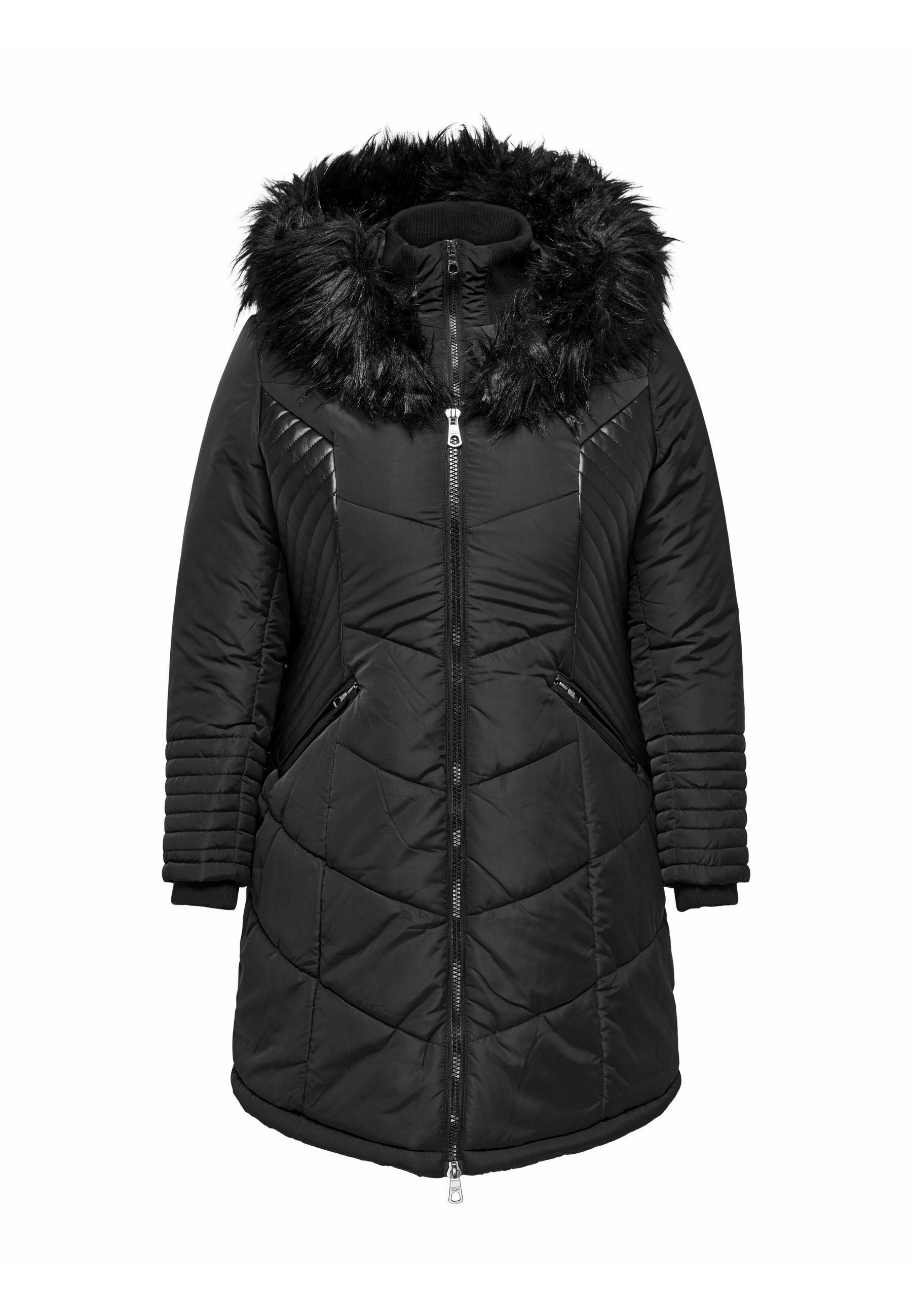 Schwarze gepolsterte Jacke mit einer Kapuze aus Kunstfellbesatz, gestepptem Design, Reißverschluss und zwei Fronttaschen. Texturierte Ärmel mit gerippten Manschetten.