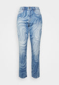 Hellblaue Jeans mit Wirbelmuster, geradem Bein-Design, hoher Taille, fünf Taschen Stil und einem oberen Knopfverschluss.
