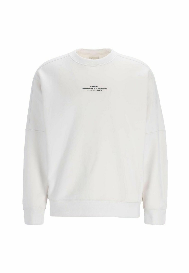 Weißes Sweatshirt mit Rundhalsausschnitt, überschnittenen Schultern und gerippten Bündchen. Auf der Vorderseite befindet sich schwarzer Text. Weicher Stoff und lockere Passform.