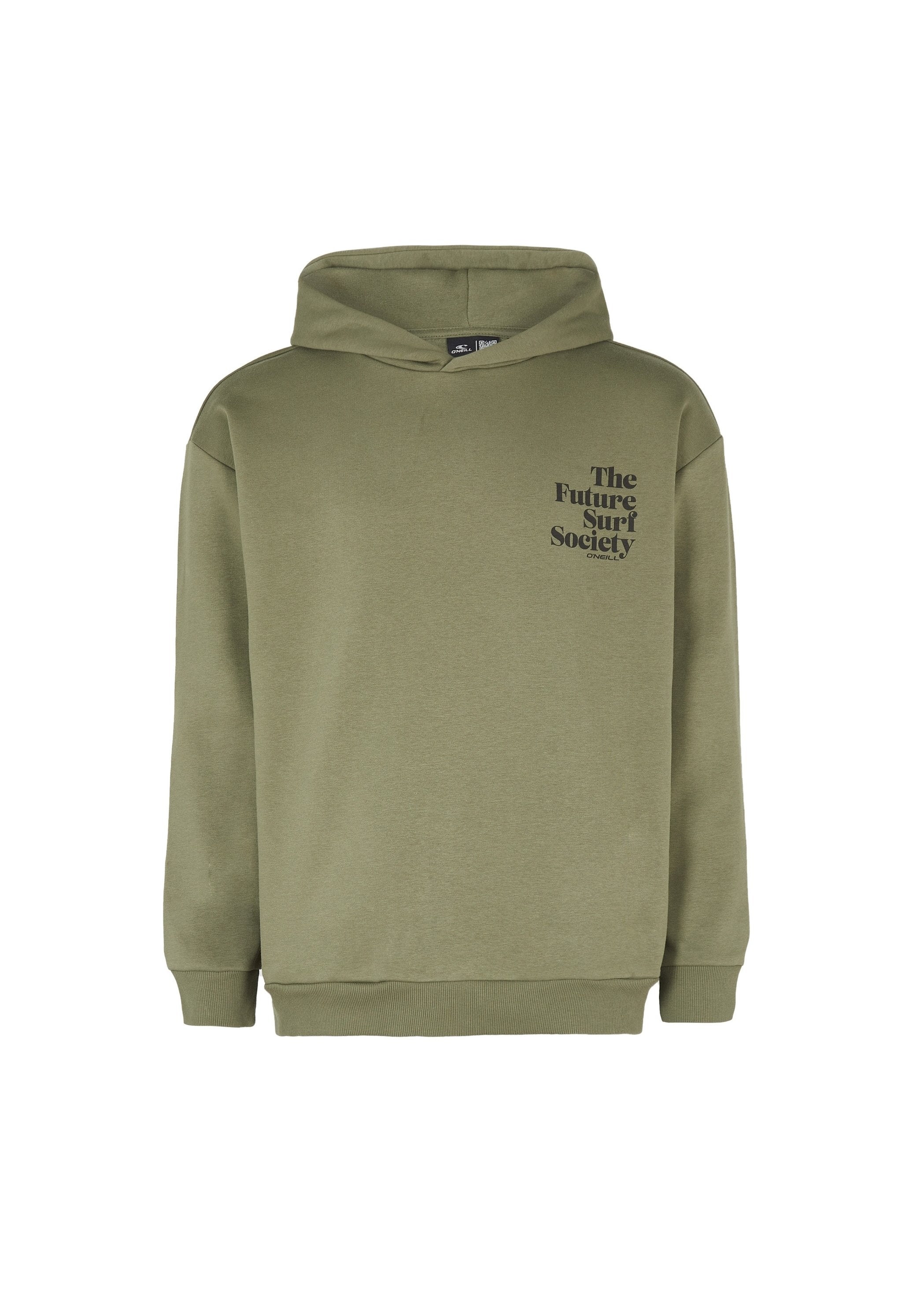 Olivgrüner Hoodie mit einer vorderen Känguru-Tasche, gerippten Bündchen und Saum, mit schwarzem Text "The Future Surf Society" auf der Brust.