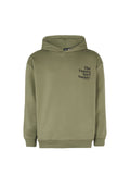 Olivgrüner Hoodie mit einer vorderen Känguru-Tasche, gerippten Bündchen und Saum, mit schwarzem Text "The Future Surf Society" auf der Brust.