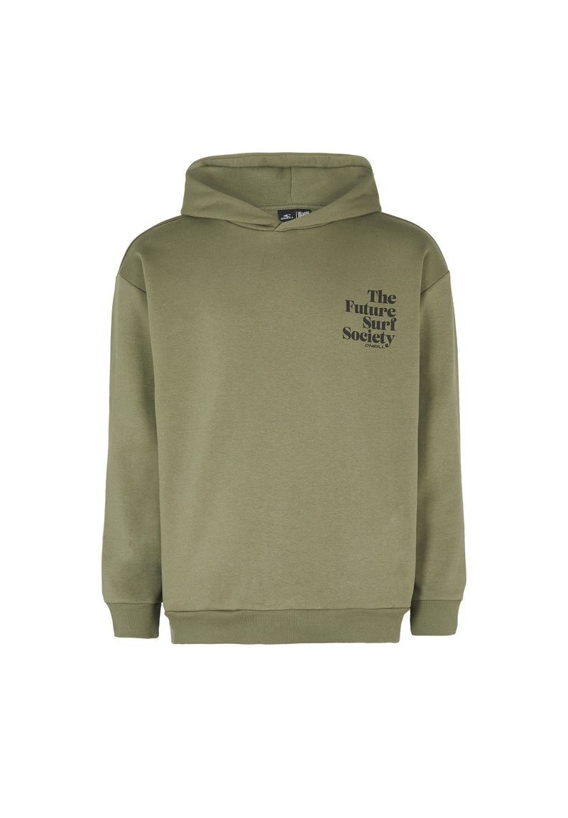 Olivgrüner Hoodie mit einer vorderen Känguru-Tasche, gerippten Bündchen und Saum, mit schwarzem Text "The Future Surf Society" auf der Brust.
