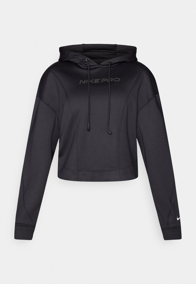 Schwarzer, kurz geschnittener Hoodie aus glattem, elastischem Stoff. Verfügt über eine Kapuze mit Kordelzug, ein großes Logo auf der Brust und lange Ärmel mit gerippten Bündchen.