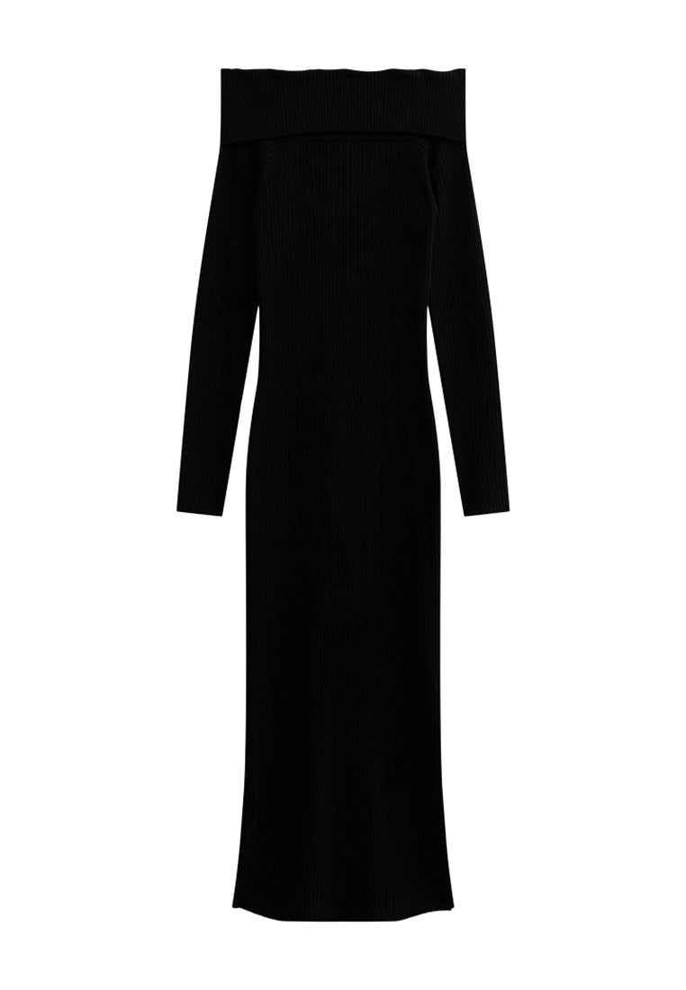 Schwarzes, geripptes Off-Shoulder-Kleid mit langen Ärmeln, figurbetonter Silhouette, knöchellangem Saum und strukturiertem Stoff.