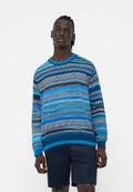 Person, die einen langärmeligen blau gestreiften Pullover und dunkle Shorts trägt und vor einem einfarbigen hellen Hintergrund steht.