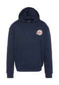 Marineblauer Hoodie aus weichem Stoff, mit einer Fronttasche, Kapuze mit Kordelzug und einem kreisförmigen, gestickten Logo auf der Brust.