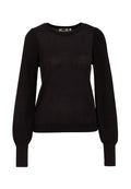 Schwarzer Strickpullover mit Rundhalsausschnitt, langen Ballonärmeln und gerippten Bündchen. Weicher, leichter Stoff mit einem leicht durchscheinenden Finish.