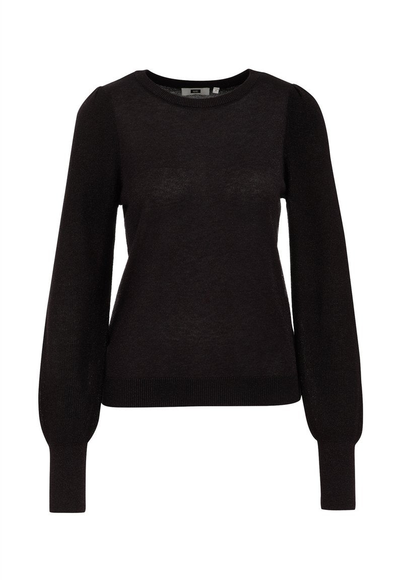 Schwarzer Strickpullover mit Rundhalsausschnitt, langen Ballonärmeln und gerippten Bündchen. Weicher, leichter Stoff mit einem leicht durchscheinenden Finish.