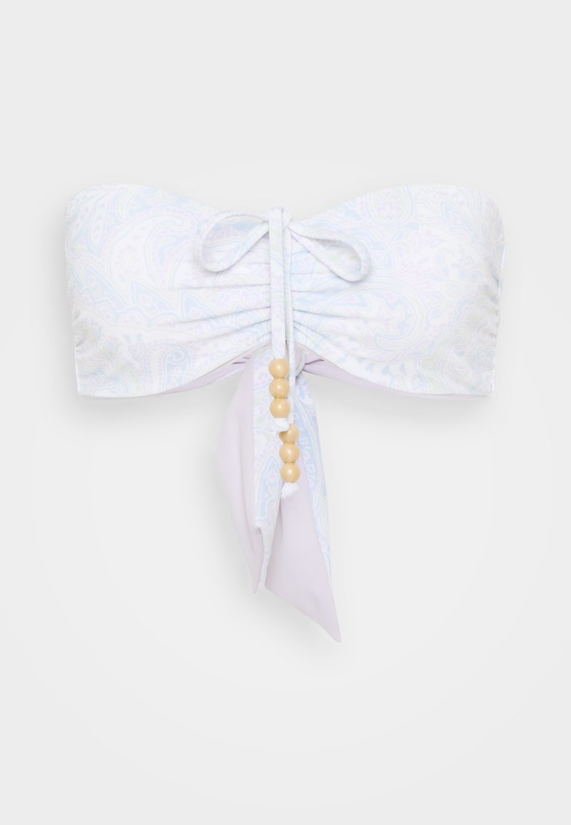 Bikini-Oberteil ohne Träger in hellen Pastellfarben mit Paisleymuster, mit einer gebundenen Vorderseite und dekorativen Perlen in der Mitte. Glattes, weiches Material.