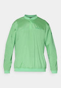 Helle grüne Pulloverjacke mit Stehkragen, elastischem Taillenbund, langen Ärmeln und Branding auf der Brust. Glattes, leichtes Material.