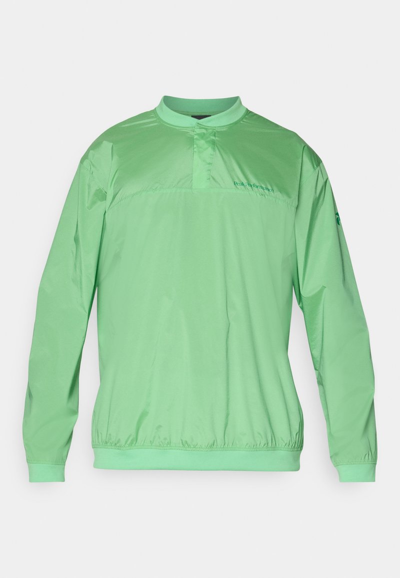 Helle grüne Pulloverjacke mit Stehkragen, elastischem Taillenbund, langen Ärmeln und Branding auf der Brust. Glattes, leichtes Material.