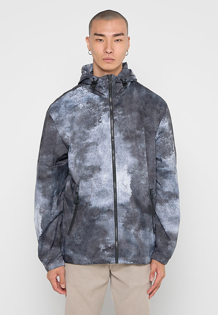 Hoodie mit einem strukturierten, abstrakten grau- und schwarzmuster. Mit durchgehendem Reißverschluss und seitlichen Taschen, sowie verstellbaren Kordeln.