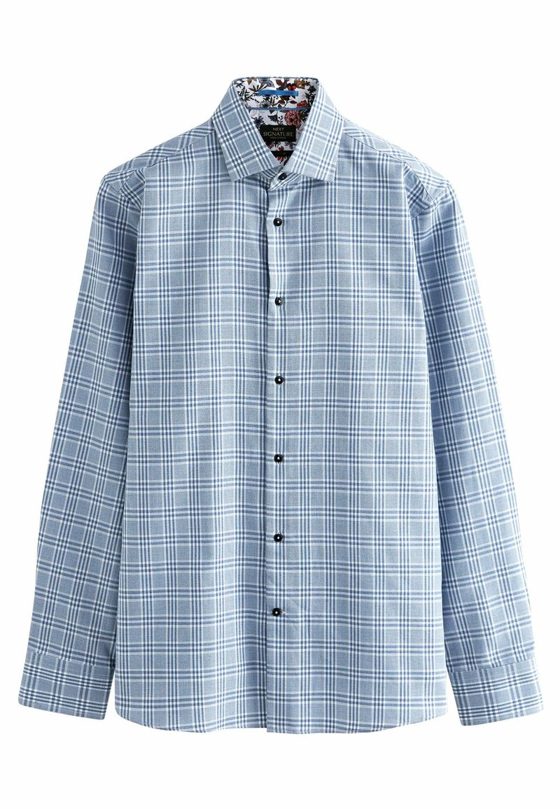 Blau-weiß kariertes Hemd mit langen Ärmeln, Button-Down-Kragen und schwarzen Knöpfen. Mit einem gemusterten Innenfutter. Aus Baumwolle.