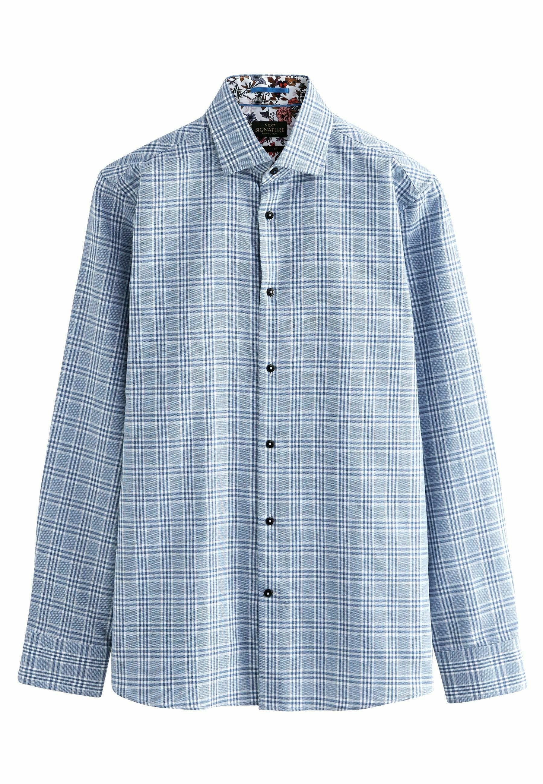 Blau-weiß kariertes Hemd mit langen Ärmeln, Button-Down-Kragen und schwarzen Knöpfen. Mit einem gemusterten Innenfutter. Aus Baumwolle.