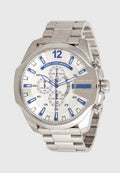 Silberner Edelstahlarmband mit blauen Akzenten, runder Zifferblatt, Chronographenfunktionen und einem silbernen Armband; wasserdicht bis zu 10 bar.