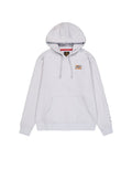 Hellgrauer Pullover mit Kapuze aus Baumwollmischung. Verfügt über eine Kängurutasche, eine verstellbare Kordelzugkapuze und einen Logo-Patch auf der Brust.