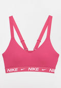 Rosa Sport-BH mit verstellbaren Trägern, V-Ausschnitt und einem breiten elastischen Bund mit weißem "Nike"-Logo. Glatte Textur, nahtloses Aussehen.