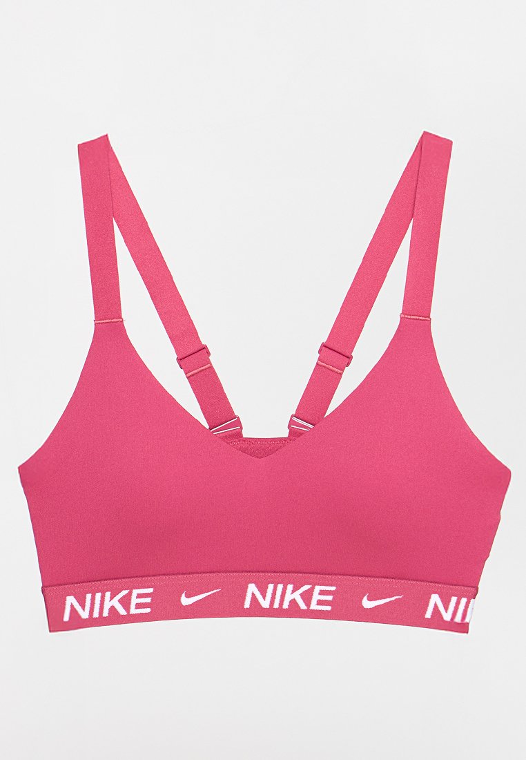 Rosa Sport-BH mit verstellbaren Trägern, V-Ausschnitt und einem breiten elastischen Bund mit weißem "Nike"-Logo. Glatte Textur, nahtloses Aussehen.